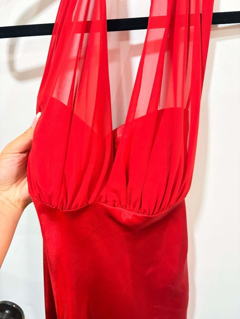 Betsy & Adam Vintage Y2K Red Satin Halter Evening Gown with Ruffles - Picture 9 of 9